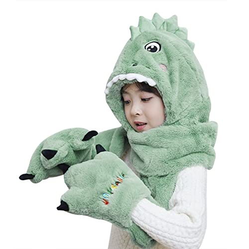 Toddler Kids Cartoon Dinosaur Fleece Plush Hat Gloves Scarf 3 in 1 Set Girls Boys Winter Cute Warm Long Hoodie Earflap Hat