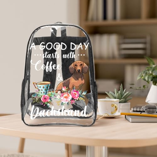 A Good Day Starts With Coffee And Dachshund Clear Backpack - Lightweight Transparent Backpack For Security, Sports & Travel3