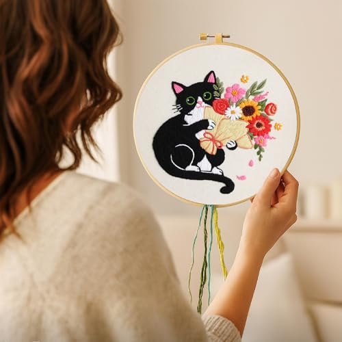 Image of Nuberlic Black Cat Flowers Embroidery Kits for Beginners, DIY Cross Stitch Starter Craft Kits for Adults Including Cloth with Pattern, Hoop, Needles Instruction and Threads