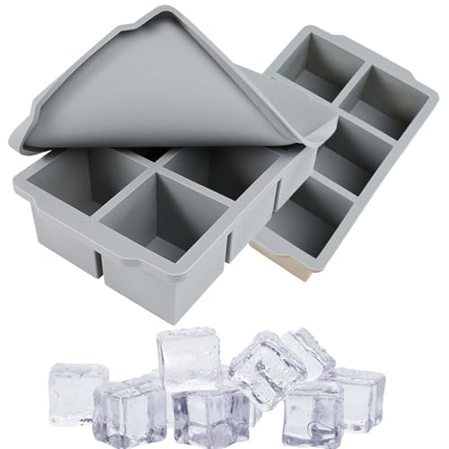 積み重ね可能なシリコン製アイスキューブトレイ(蓋付き)、2パック 大型スクエア型 6個入り ウイスキーカクテル バーボンスープ 冷凍デザート用 取り出し簡単 BPAフリー (グレー)