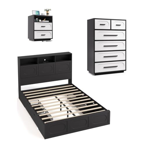 Image of 3 Pieces Bedroom Set, Queen Size Bed Frame with Storage Headboard, 44 inch Tall 6 Drawer Dresser, Nightstand with Charging Station, Black