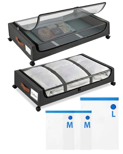 Under Bed Storage with Wheels, XXL Under Bed Drawers, Rolling Metal Drawer for Shoes, Clothes, Books, Toys, Under Bed Organizer with Clear Lids for Dorm Room, Bedroom, Kids Room, 2 Pack