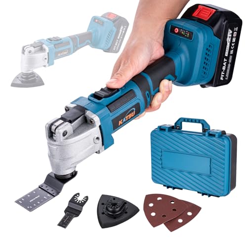 KATSU FIT-BAT 21V Brushless Cordless Oscillating Multitool with 3.0Ah Battery and Charger, 6 Variable Speed, Quick Change System, 5 Accessories Included, Packed in Plastic Case