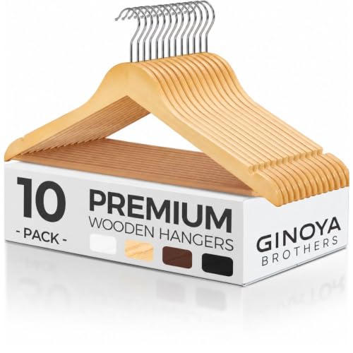 Image of GINOYA BROTHERS Walnut Wooden Suit Hangers 24 Pack with Non Slip Pants Bar - Smooth Finish Solid Wood Coat Hanger for Camisole, Jacket, Pant, Dress Clothes Hangers (Beige: 10)