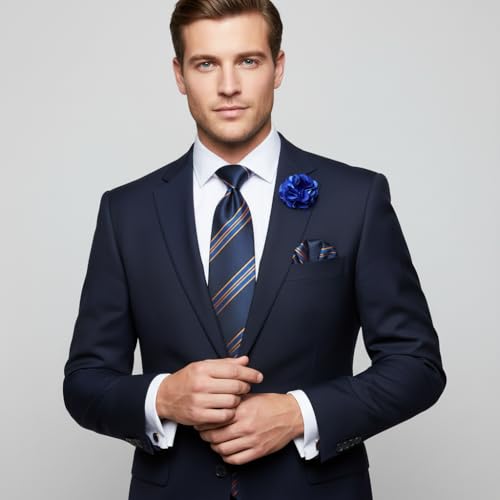 Image of 5PCS Mens Premium Silk Tie, Pocket Square, Cufflinks, Drilled Tie Ring and Lapel Pin Set for Wedding Groom Party