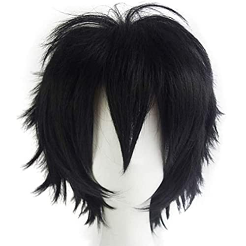 Cybelleza Anime Cosplay Wig Short Black Wigs for Women/Men Synthetic Curly Straight Fancy Dress Wig Layered Fluffy Halloween Costume Party Wig with Free Cap
