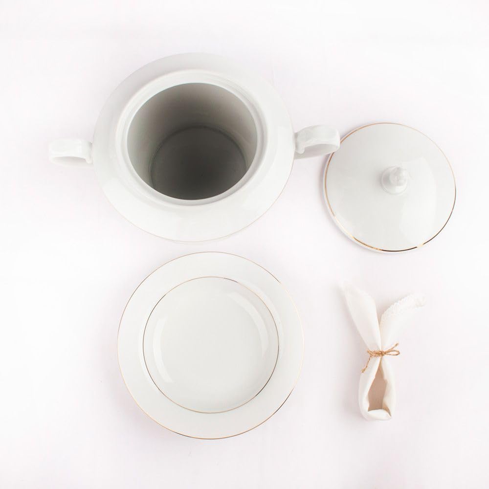 Sopera de porcelana blanca (2,5 l) Bremen, 1 tapa de porcelana, filo de oro, edición limitada