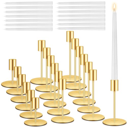 Suclain 6 Set Candle Holders Bulk with 10'' White Dripless Taper Candles 3.3'' 5.5'' 6.3'' Metal Taper Candlestick Holder Decoration for Wedding Party Church Table Centerpiece Home Birthday (Gold)