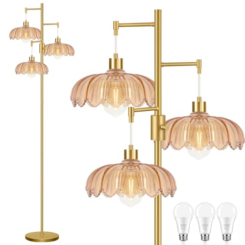 Image of Gold Floor Lamps for Living Room Bedroom-3 Light Glass Floor Lamp with Three Led Bulb, Flower Tall Floor Lamp Dimmable Mid Century Modern Standing Lamp Vintage Tree Floor Lamps for Bedroom Corner