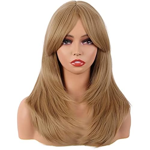 MapofBeauty 20 Inch Long Layered Bangs Straight Party Wig, Ash Blonde
