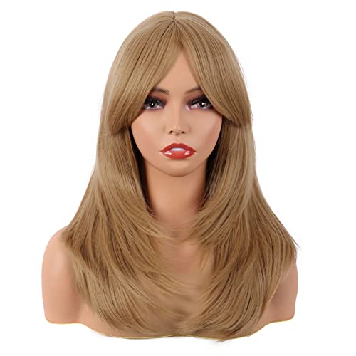 MapofBeauty 20 Inch/50 cm Long Layered With Bangs Straight Synthetic fiber Shoulder Length Hair for Daily Use or Party Wig (Ash Blonde)