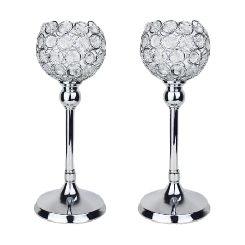 TABIAN Crystal Candlestick Holders 2 Pcs Set Silver Home Decorative Candle Holder for Wedding Candlelit Dinner Accessories 30 cm tall Table Ornaments Cover