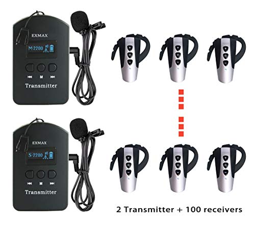 EXMAX Sistema de Interpretación Inalámbrico de Lenguaje 2.4GHz con Receptor de Gancho para Oreja Audio Visual para Iglesia, Enseñanza, Traducción, Entrenamiento, Recepción VIP (2 Transmisores 100 Receptores) miniatura 2