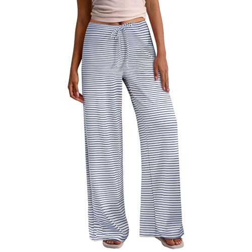 Women's Striped Wide Leg Pants Casual Elastic High Waist Drawstring Pants Loose Fit Solid Color Trousers with Pockets2