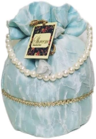 Women's Velvet Embroidered Organza Bag Purse Pouch Drawstring Bag Golden Work Wedding Gift for Women - Blue