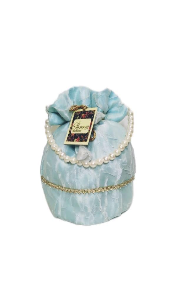 Women's Velvet Embroidered Organza Bag Purse Pouch Drawstring Bag Golden Work Wedding Gift for Women - Blue