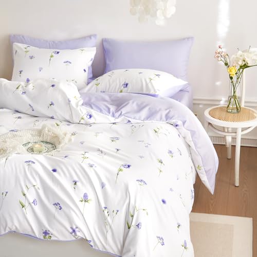 Image of Wake In Cloud - Floral Comforter Set, Cottagecore Cute Aesthetic Watercolor Tiny Flowers and Leaves, Soft Lightweight Bedding for Women Teen Girls, 3 Pieces, Purple, Twin /Twin XL Size