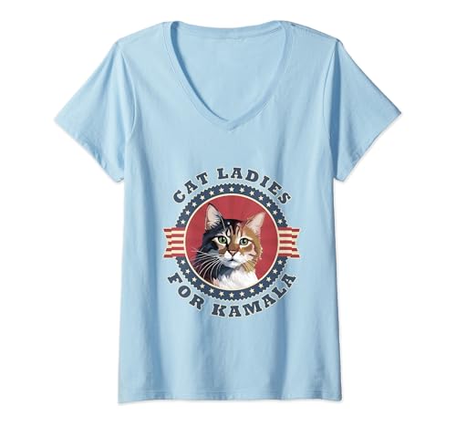 Womens Cat Ladies For Kamala Harris President 2024 Patriotic Kitty V-Neck T-Shirt