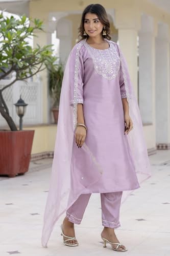 Image of VredeVogel Women's Silk Blend Embroidered Kurta with Pant & Dupatta Set