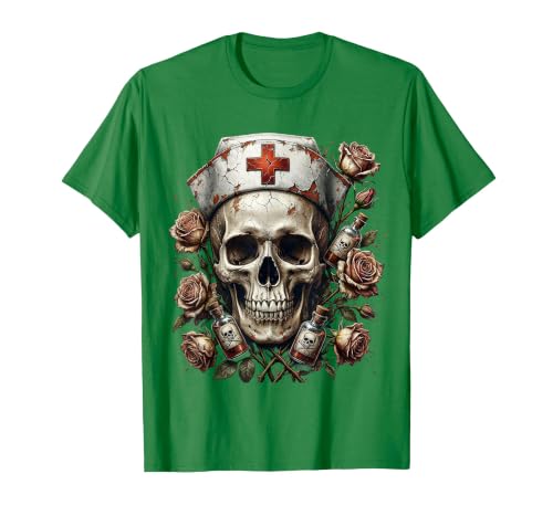 Halloween Nurse Skull Roses Poison Bottles Design T-Shirt, Men, Kelly Green, Medium