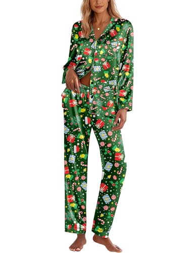 Image of Ekouaer Pajamas for Women Silk Satin Button Down Long Sleeve Pajama Sets