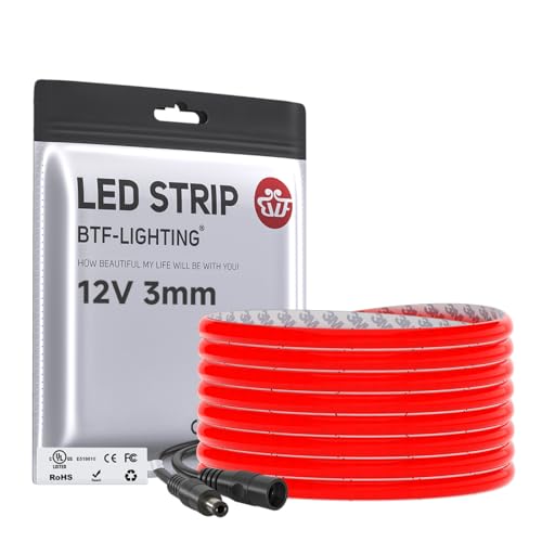 Image of BTF-LIGHTING Red Color 3mm Width Ultra Thin FCOB COB LED Strip,UL Listed Super Narrow Uniform Light,16.4FT DC12V CRI90+ LED Tape Light for Home Indoor DIY Lighting(No Adapter or Controller)
