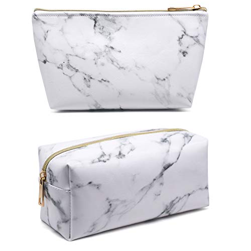 Whaline 2 Pieces Marble Cosmetic Makeup Bag Brush Holder Travel Storage Case Portable Toiletry Pouch Coin Purse with Gold Zipper for Women and Girl