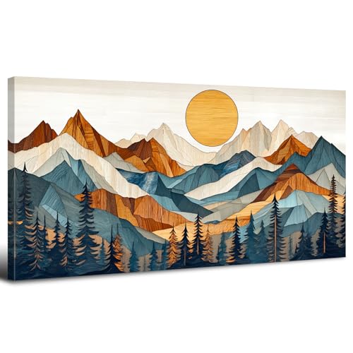 Cuadro en Lienzo de Montaña Xilográfica Lienzos Vintage de Amaneceres para sala de Estar Decoración de pared con Imagen de Paisaje Natural Póster de Pintura Abstracta con Textura para Baño 50x100 cm