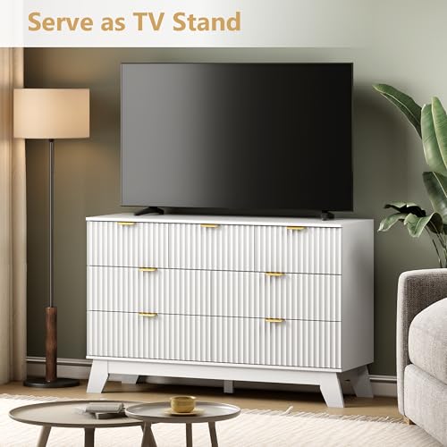 Image of Wodeer 7 Drawer Fluted Dresser for Bedroom, Mid Century Modern Dresser with 7 Drawers, Dressers & Chests of Drawers with Metal Handle, TV Stand & Storage Organizer for Entryway, Hallway, White