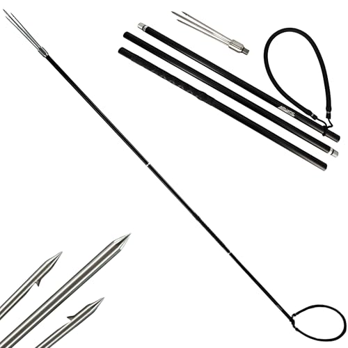 Aquatic Hunt Pro 66\' Pole Spear 4-Piece Threaded Aluminum, in-Line 3-Prong SS304 Tip, Stone Shot Center Prong, High-Strength Power Band & Secure M14 O-Ring Connections, Adjustable & Travel-Ready