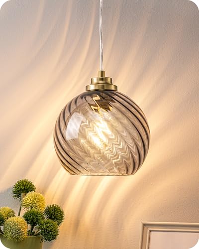 EDISHINE Lampada Sospensione Vetro Ondulato, Grigio Fumo, Regolabile 1,5 m