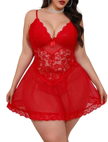 Image of Alrovetoney Women Plus Size Babydoll Lingerie Lace Chemise Mesh Sleepwear Strappy Sexy Nightgown Boudoir Outfit L-4XL