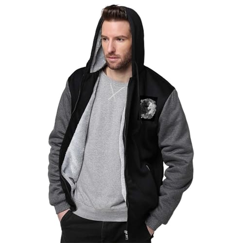 GLUDEAR Men Heavyweight Fleece Lined Sweatshirt Viking Norse Mythology Print Color Block Full Zip Thick Hooded Jacket