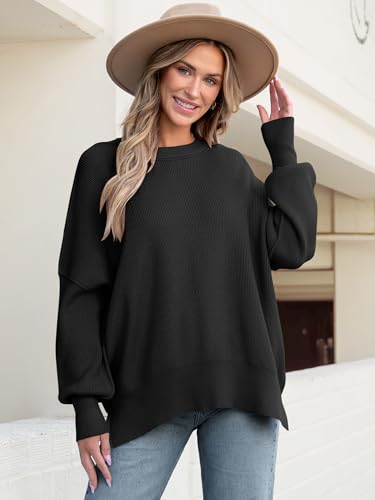 Anrabess Women Crewneck Batwing Long Sleeve 2024 Fall Oversized Side Slit Ribbed Knit Pullover Sweaters Top Cozy Outfits Black Small thumb #4