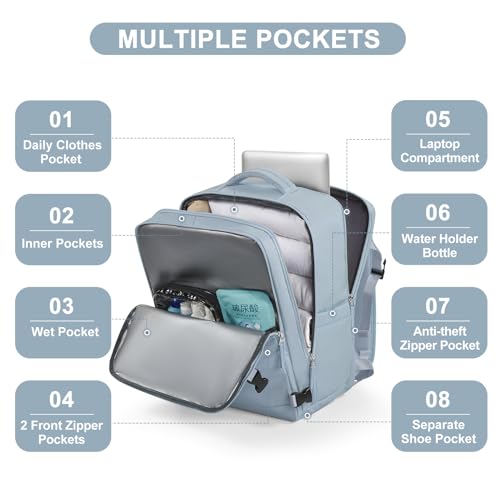 Image of Large Travel Backpack Carry on Flight Approved Mochila De Viaje Carry on Backpack for Airplanes Spirit Airlines Personal Item Bag 18x14x8 Inches Travel Bag Traveling Backpack for Women Men Grey Blue