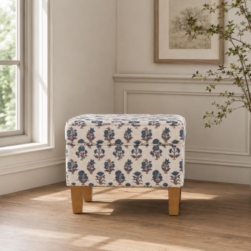 Image of HomePop 22 inch Medium Rectangular Storage Ottoman - Blue Floral Pattern