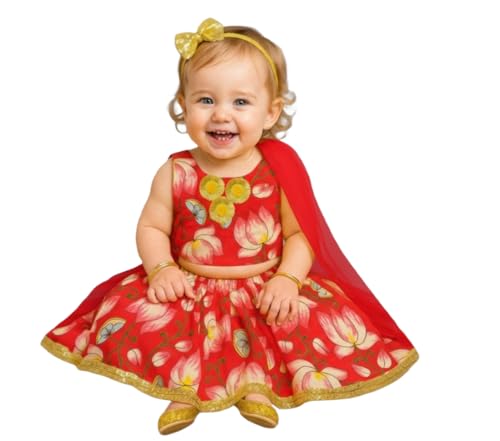 Image of A.T.U.N. (ALL THINGS UBER NICE) Baby Girls Cotton Ethnic Floral Lehenga Choli Set with Lace & Dupatta | Traditional 3-Piece Festive Outfit for Kids
