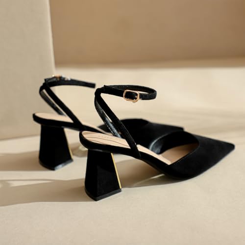 Women's Suede Slingback Chunky Low Heels Closed Pointed Toe Comfortable Ankle Strap Elegant Wedding Party Dress Pumps3