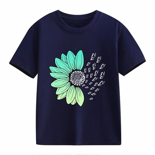 Girls Loose Fit Sunflower Graphic T Shirts Short Sleeve Crewneck Cute Pattern Printed Tops Kids (I-Dark Blue, 6-7 Years)2