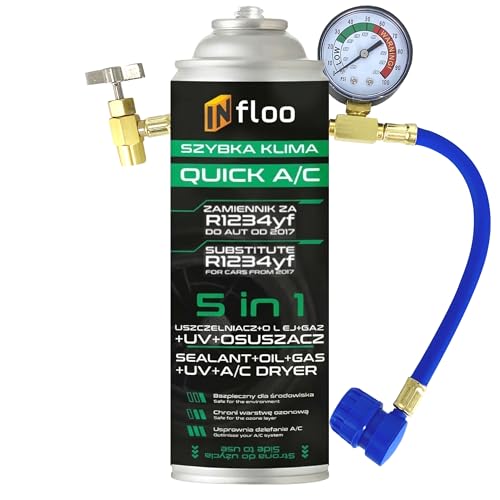 1x INfloo Quick A/C 5in1 R1234yf – Kältemittel Ersatzgas mit Öl, Dichtmittel, UV-Kontrastmittel und Trockner + Schlauch mit Manometer + Schutzhandschuhe