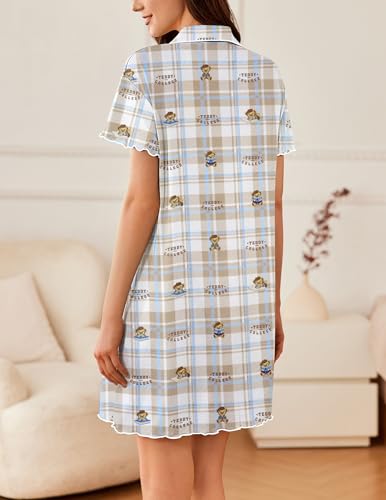Image of Ekouaer Nightgowns for Women Button Down Sleep Shirt Short Sleeve NightShirts Boyfriend Sleepdress Soft Pajama Dress