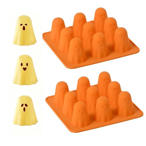 Cute Ghost Silicone Molds 2 Packs Non-Stick 3D 9-Cavity Chocolate Mold for Jelly Gummy Candy Pudding Ice Cube Resin Cake Halloween Party Decorations