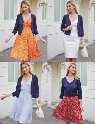 Image of Women Crop Cardigan Sweaters Lightweight 3 /4 Sleeve Button Up Crochet Shrug | Textured Bolero For Dresses Dressy Casual, V Neck, Ladies Eyelet Shawl Thin Trendy