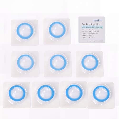 Image of PVDF Syringe Filter, Sterile, 0.45μm 13mm, Individually Packed, 10 Pack | Syringe Lab Filters, Double-layer Hydrophilic PVDF, Gamma Irradiated & Pyrogen-free, Female Luer Lock & Male Luer Slip