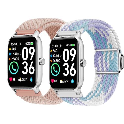 Chofit Nylon Sport Strap Intended for FITVII H56 Watch Bands Soft Breathable Elastic Stretchy Band Bracelet Loop Magnetic Buckle Wristbands (Pink&BlueWhite)