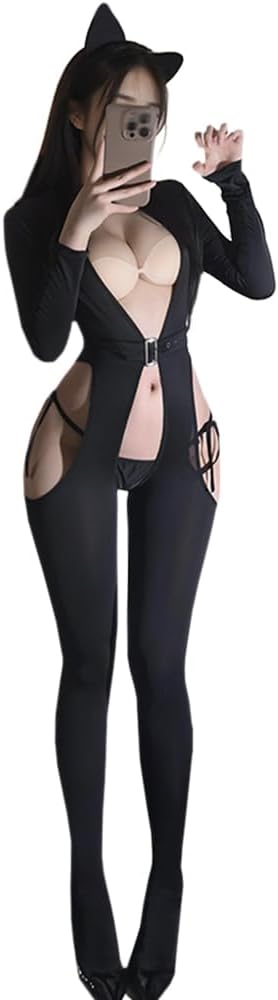 sexy cat outfit for women lingerie Cosplay Costume cute High Cutout Bodysuit anime roleplay Babydoll jumpsuit ears Eye Mask set Halloween Catsuit Black