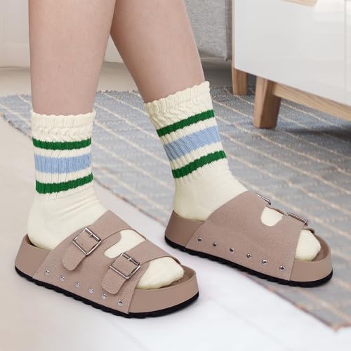 Crew Striped Socks for Women: Classic Retro Novelty Mid Calf Tube Cotton Socks with Cushioned Size 5-10 5
