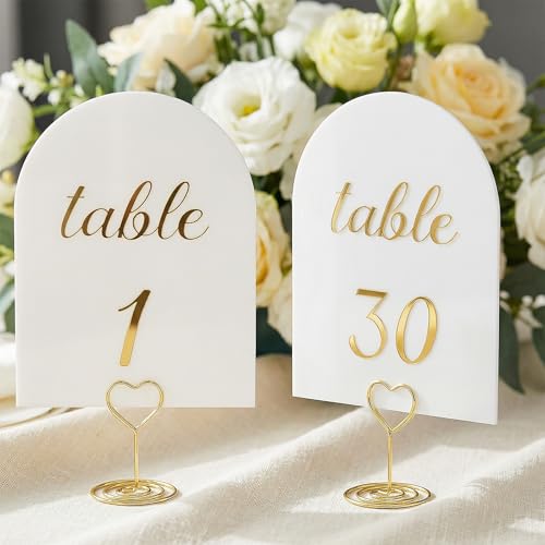 Arch Table Numbers 1-30 Plus Head Table 5.9x3.9 Inch White Card Stock Double-Sided Gold Foil Embossed Elegant Wedding Reception Centerpiece Decoration Event Party