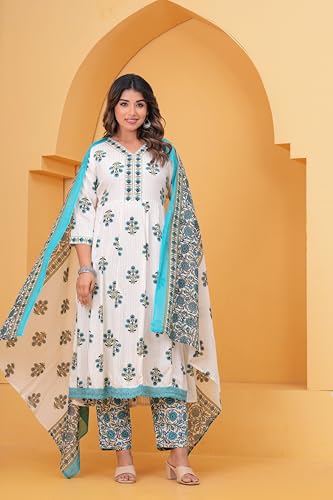 Image of Women's Indigo Blue Printed Anarkali Kurta with Palazzo Set, Long Sleeve V-Neck Ethnic Wear (IN, Alpha, L, Regular, White)