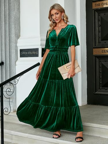 Image of Amegoya Women's Short Sleeve V Neck Formal Wedding Guest Maxi Dresses Spring Fall Evening Party Long Dresses